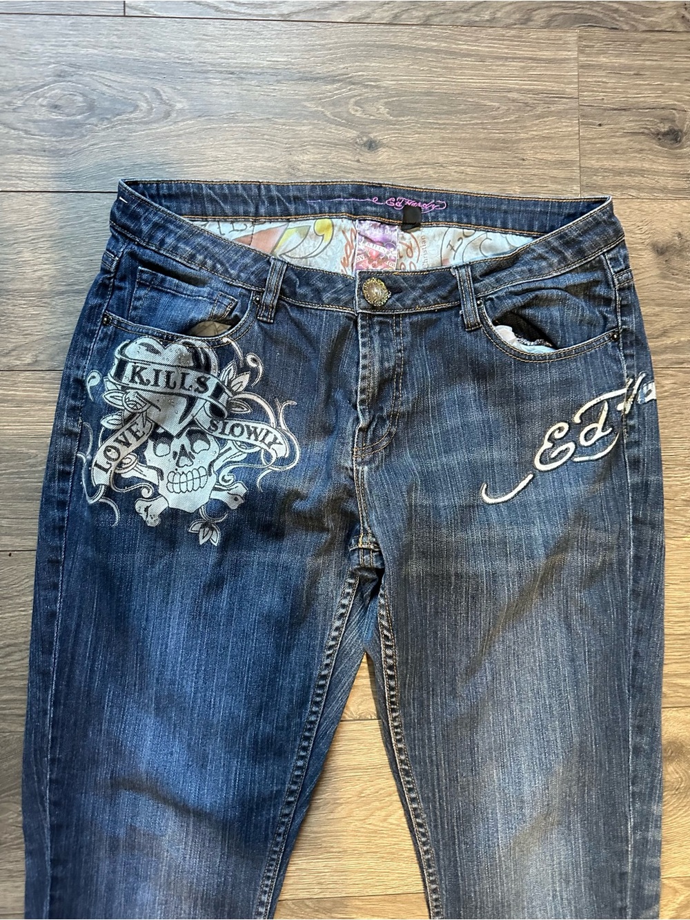 Y2K Ed Hardy Women's Dark Blue Embroidered Skull Jeans